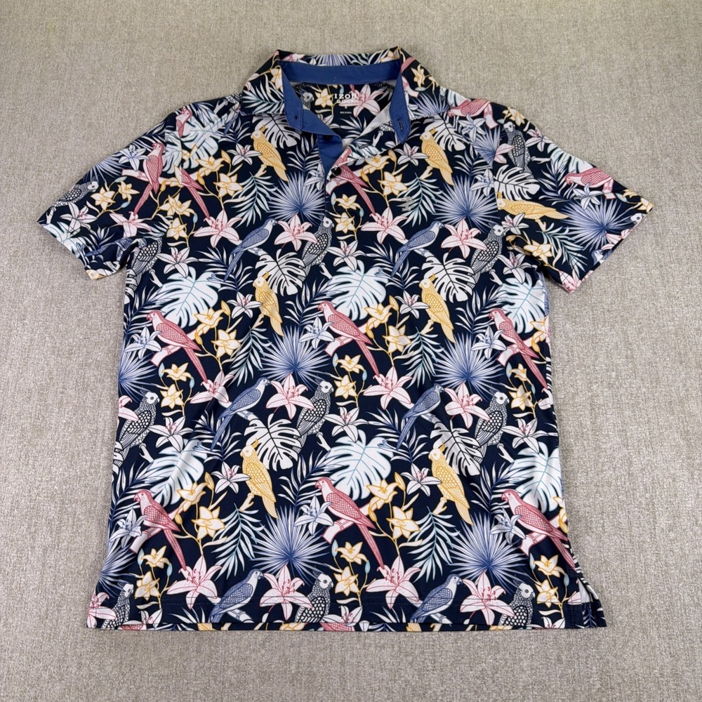 IZOD‎ Golf Polo Shirt Mens Small Multicolor Tropical Parrot Floral Short Sleeve